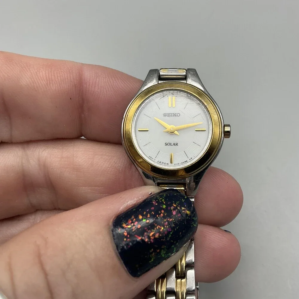 Seiko Solar Womens Watch 22mm Two Tone V115-0AX0 White Dial Stainless 7